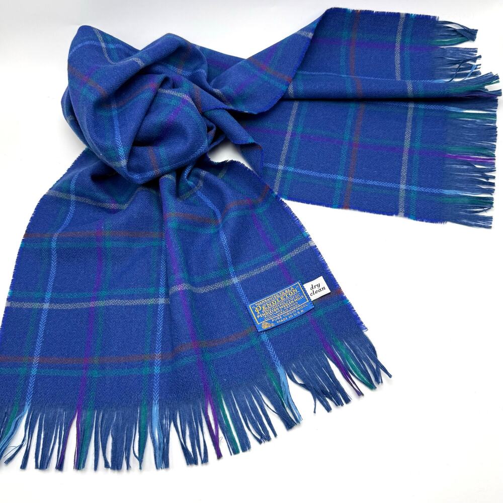 Vintage Pendleton Virgin Wool Scarf 13x49 Blue Windowpane Plaid 70s 80s USA Made